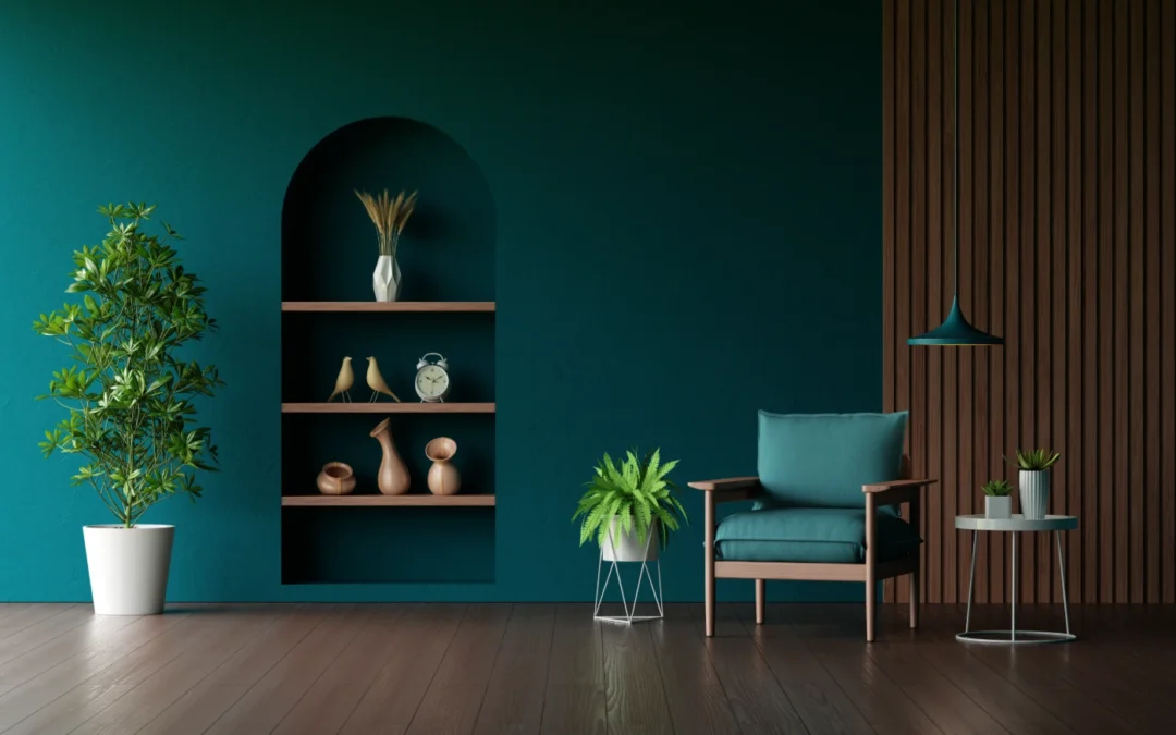 Living room with a green wall, with an adjacent wood paneling accent wall illustrating whether Are Accent Walls Still in Style